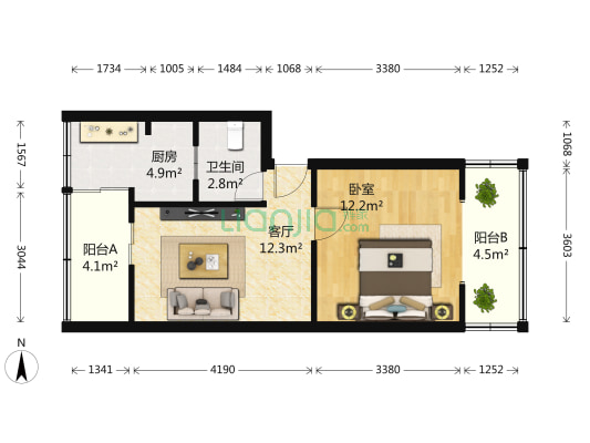 大石东路1号 1室1厅1卫 45平方