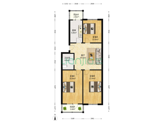 宾馆温泉公寓 3室1厅1卫 65平方