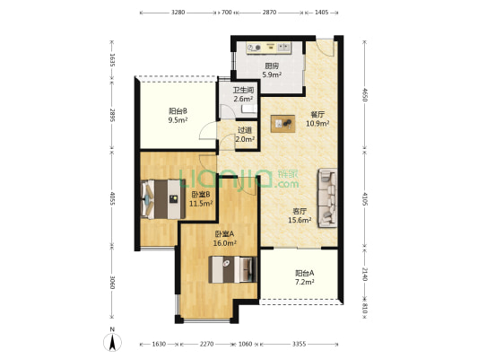 龙湖·原著东苑 2室2厅1卫 97平方