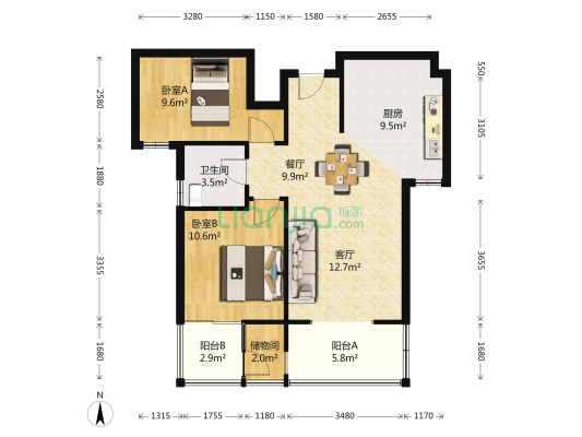 世茂江滨花园瑞景湾 2室2厅1卫 89平方