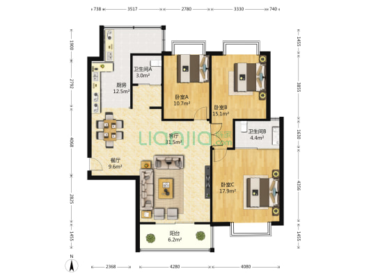 民发世纪新城 3室2厅2卫 146平方
