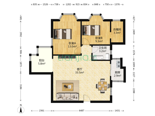 时代华庭 2室1厅1卫 88平方
