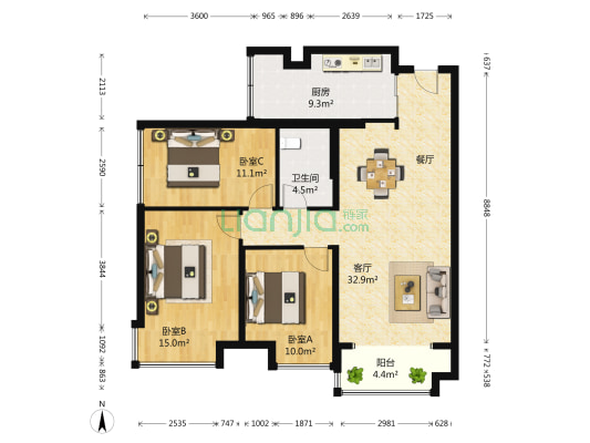光谷新世界汇贤邸 3室1厅1卫 106平方