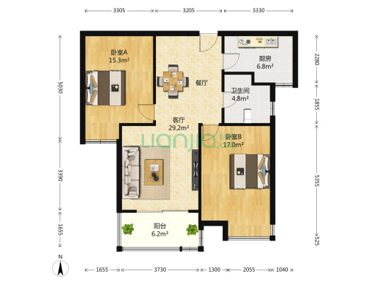龙凤玫瑰园 2室1厅1卫 104平方