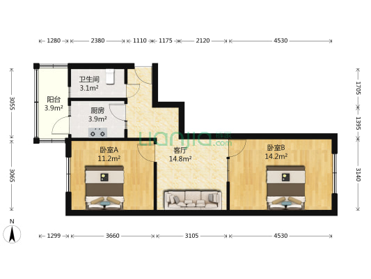 晓德里 2室1厅1卫 66平方