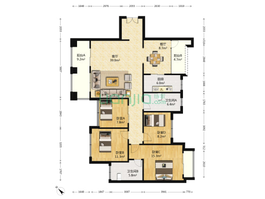 建工紫荆城2期 4室2厅2卫 125平方