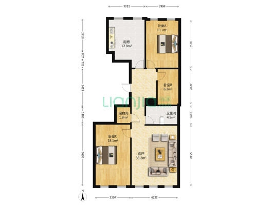 朗诗国际街区北园 3室1厅1卫 122平方
