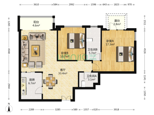 远中悦莱 2室1厅2卫 125平方