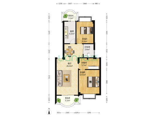 滠阳新邑 2室1厅1卫 88平方