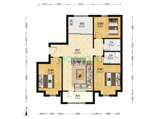 丰南和泓大成府 3室1厅2卫 115平方