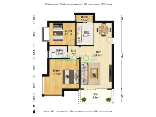 华彩天成居 2室1厅1卫 78平方