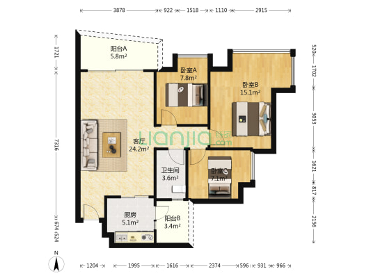 富力桃园 3室1厅1卫 97平方
