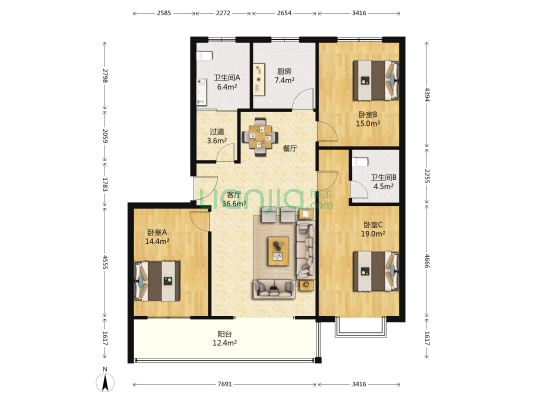 红旗路52号院 3室1厅2卫 140平方