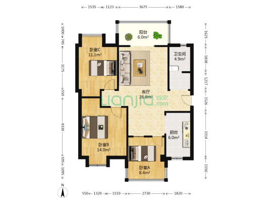 七星富利天城 3室1厅1卫 96平方