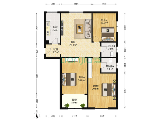 祥泰大厦 3室1厅2卫 144平方