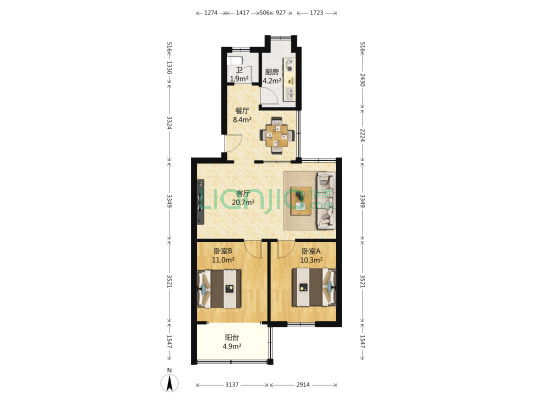 长沙供电段宿舍 2室2厅1卫 68平方