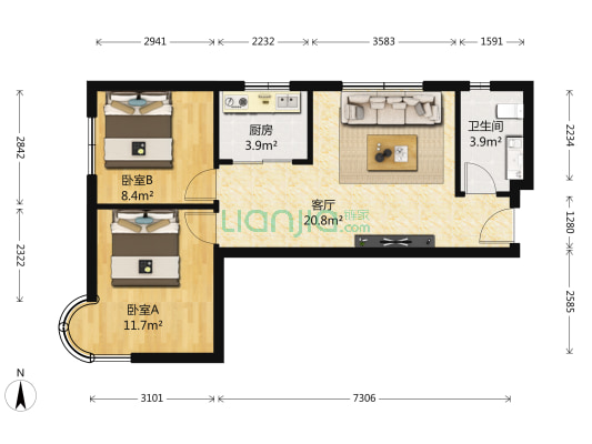 港湾观海 2室1厅1卫 75平方