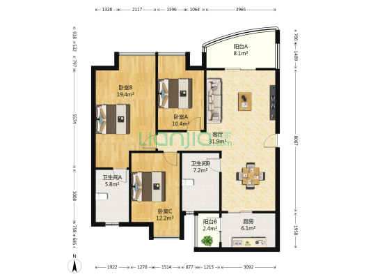 百花居AD区 3室1厅2卫 128平方