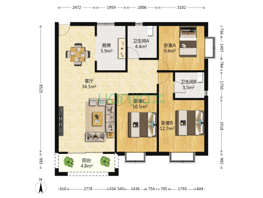 海信华庭 3室1厅2卫 118平方