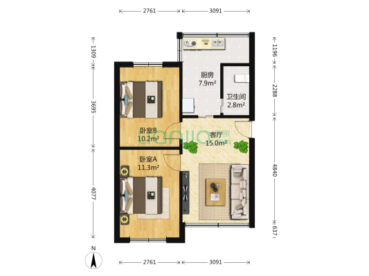 白沙关文明小区 2室1厅1卫 60平方
