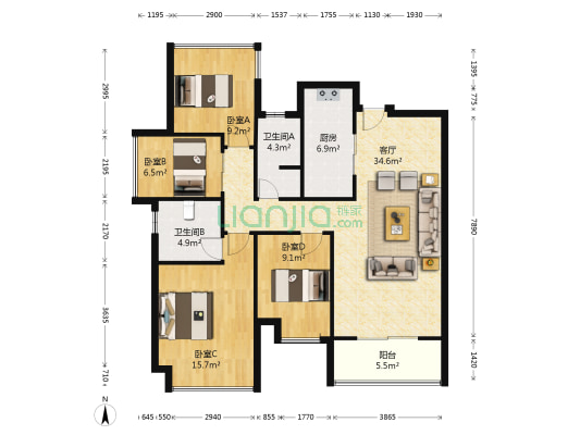 蓝光公园1号 4室1厅2卫 128平方