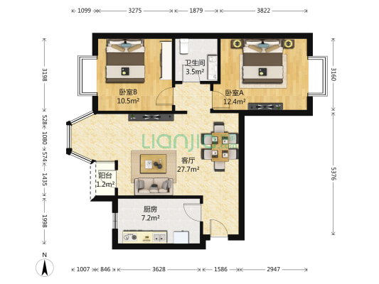 珠江逸景 2室1厅1卫 91平方