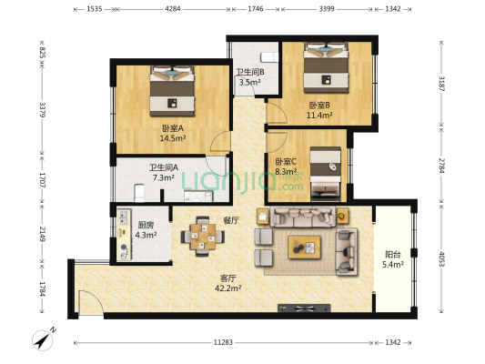 玉龙湾天骄广场 3室1厅2卫 121平方