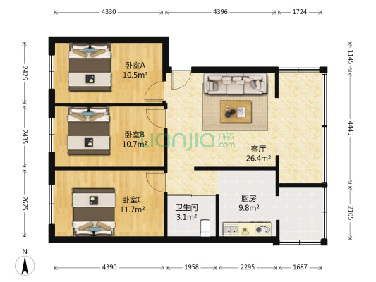 南岭体院小区 3室1厅1卫 105平方