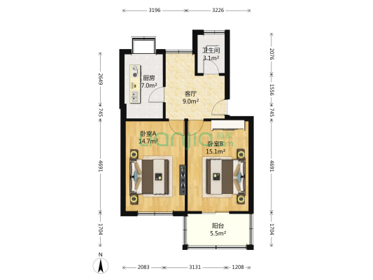 湖北省电力职工宿舍  2室1厅1卫 61平方