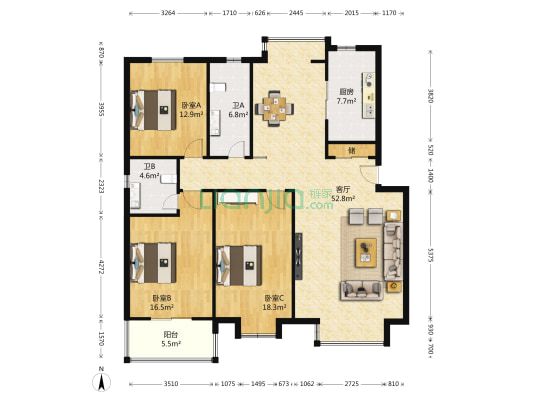九里庭院西区 3室1厅2卫 144平方