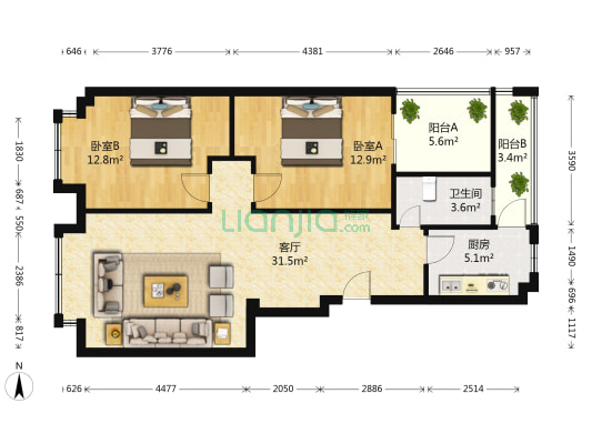 上林苑 2室1厅1卫 93平方