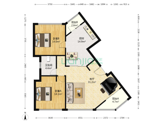 新浦江城(江桦路400弄) 2室1厅1卫 102平方