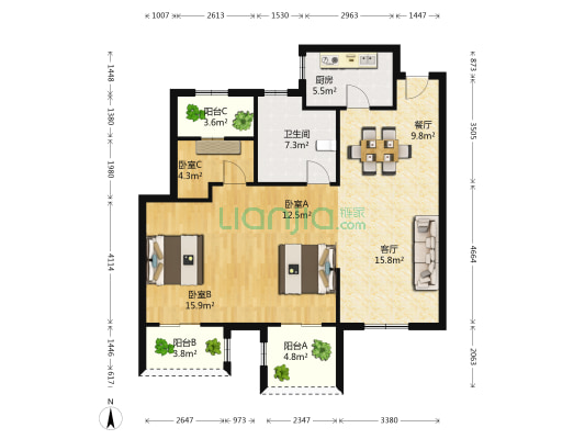 信达香格里 3室2厅1卫 97平方