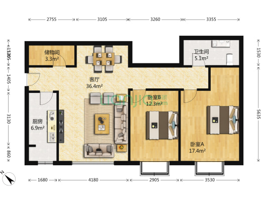 半岛国际公寓 2室1厅1卫 110平方
