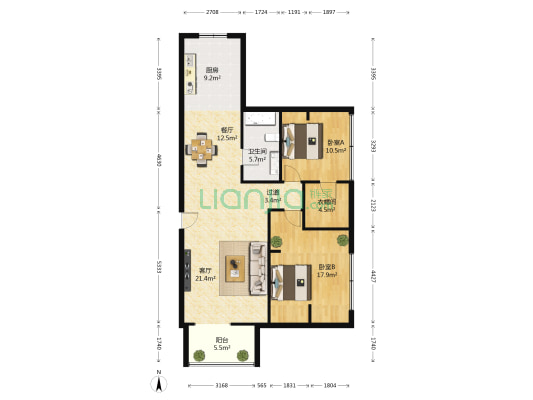 爱建紫园 2室2厅1卫 120平方