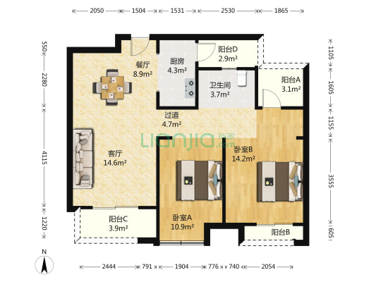 万年卡美丽亚 2室2厅1卫 95平方