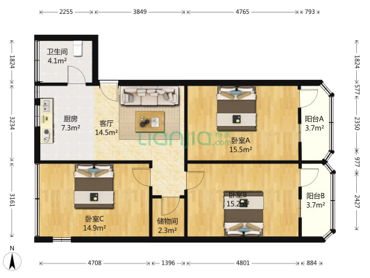 经三路54号 3室1厅1卫 92平方