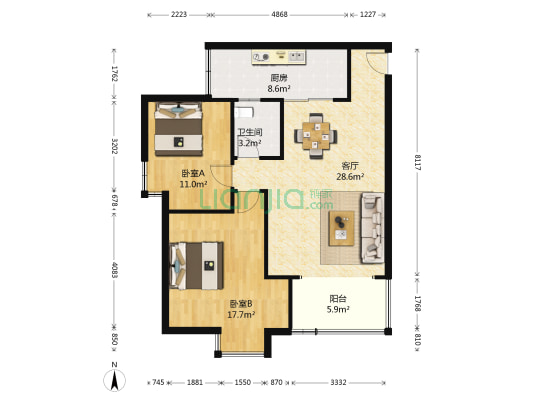 水木年华湖上 2室1厅1卫 93平方