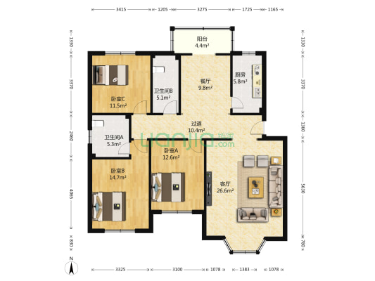 龙池电厂家属区 3室2厅2卫 131平方