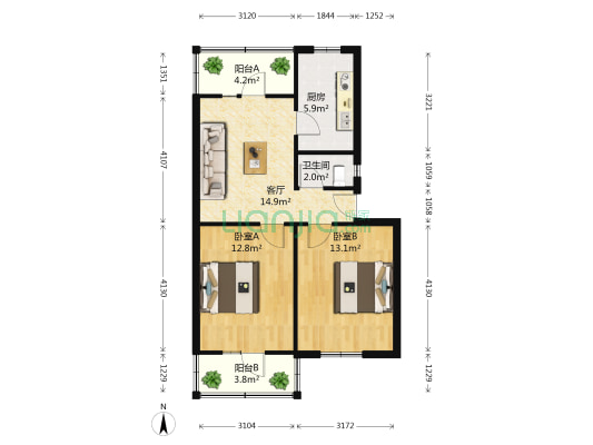 十五中教委宿舍 2室1厅1卫 69平方