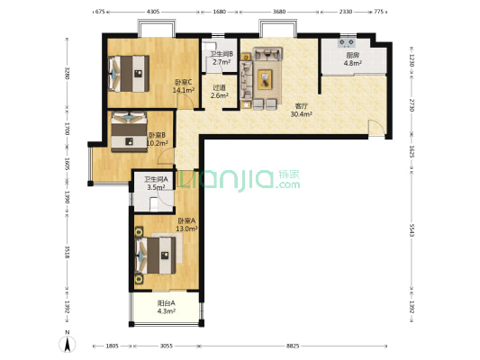 新天地荣府 3室1厅2卫 115平方