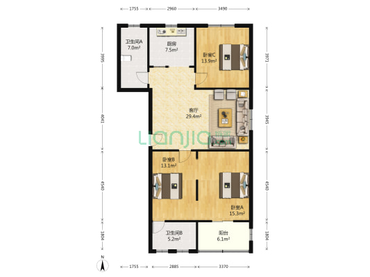 文苑花园 3室1厅2卫 116平方