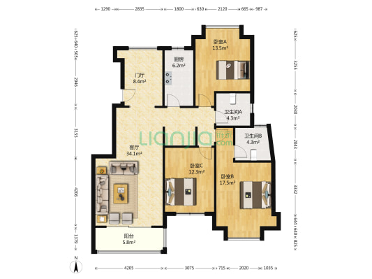 东森花园 3室1厅2卫 135平方