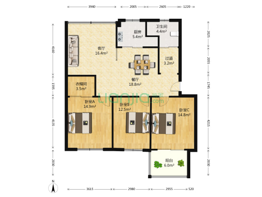 正元香槟城 3室2厅1卫 125平方