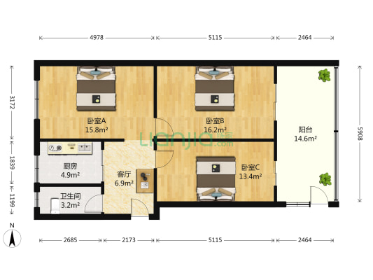 红旗北里 3室1厅1卫 73平方