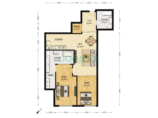君隆广场 2室1厅2卫 138平方