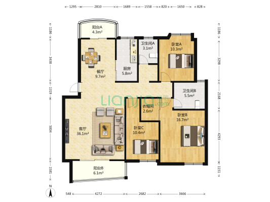 书香门第 3室2厅2卫 130平方