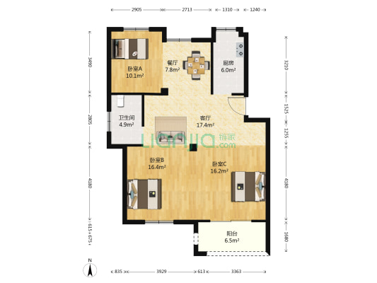明城港湾 3室2厅1卫 100平方