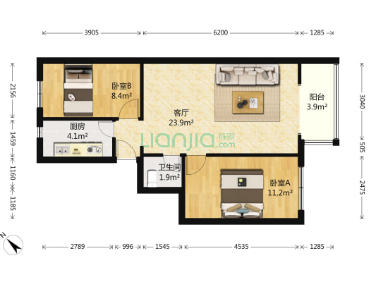 亮马桥路九号院 2室1厅1卫 69平方