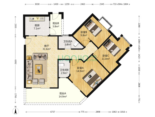 银星雅苑 3室1厅2卫 108平方